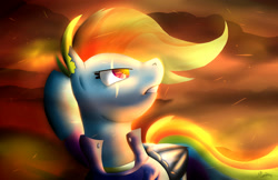 Size: 2007x1299 | Tagged: safe, artist:multraven94, derpibooru import, rainbow dash, pegasus, pony, alternate timeline, amputee, apocalypse dash, augmented, crystal war timeline, eye scar, looking up, prosthetic limb, prosthetic wing, prosthetics, scar, torn ear