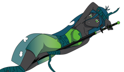 Size: 1224x711 | Tagged: safe, artist:lhenao, queen chrysalis, changeling, changeling queen, equestria girls, anime, anime style, armpits, bare shoulders, equestria girls-ified, female, katana, lying down, simple background, solo, sword, transparent background, weapon