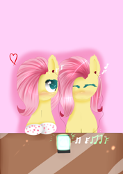 Size: 1280x1810 | Tagged: safe, artist:fladdykin, fluttershy, pegasus, pony, blushing, duo, mp3 player, self ponidox