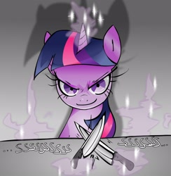 Size: 1564x1600 | Tagged: safe, artist:skutchi, derpibooru import, twilight sparkle, knife, magic, sinister, smiling, solo