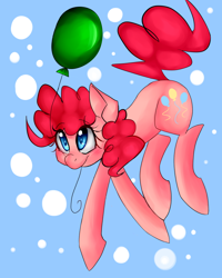 Size: 800x1000 | Tagged: safe, artist:pyupew, pinkie pie, earth pony, pony, balloon, blue background, blushing, cute, diapinkes, female, mare, mouth hold, simple background, solo