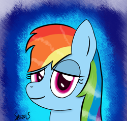 Size: 1123x1070 | Tagged: safe, artist:sanzols, derpibooru import, rainbow dash, pegasus, pony, bust, female, looking at you, mare, portrait, signature, solo