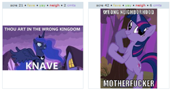 Size: 531x285 | Tagged: safe, derpibooru import, princess luna, twilight sparkle, alicorn, pony, derpibooru, exploitable meme, juxtaposition, juxtaposition win, twiface, vulgar, wrong neighborhood