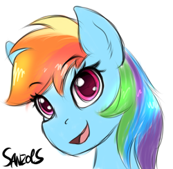 Size: 1024x1002 | Tagged: safe, artist:sanzols, derpibooru import, rainbow dash, pegasus, pony, bust, colored pupils, female, mare, open mouth, portrait, signature, simple background, solo, white background