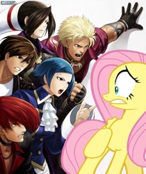 Size: 500x596 | Tagged: safe, fluttershy, pegasus, pony, crossover, duo lon, elisabeth blanctorche, iori yagami, king of fighters, kyo kusanagi, shen woo, snk