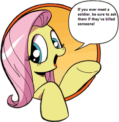 Size: 421x431 | Tagged: safe, edit, idw, fluttershy, pegasus, pony, bad advice fluttershy, blue eyes, dialogue, exploitable meme, female, implied murder, mare, meme, open mouth, pink mane, raised hoof, raised leg, simple background, smiling, solo, speech bubble, talking to viewer, underhoof, yellow coat