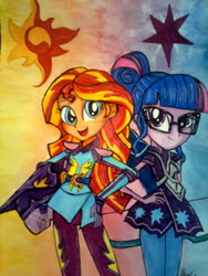 Size: 1024x1365 | Tagged: safe, artist:berrydiamond93, sci-twi, sunset shimmer, twilight sparkle, equestria girls, friendship games, clothes, traditional art, watermark