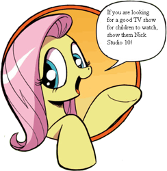 Size: 421x431 | Tagged: safe, fluttershy, pegasus, pony, bad advice fluttershy, blue eyes, dialogue, exploitable meme, female, mare, meme, nick studio 10, open mouth, pink mane, raised hoof, raised leg, simple background, smiling, solo, speech bubble, talking to viewer, underhoof, yellow coat