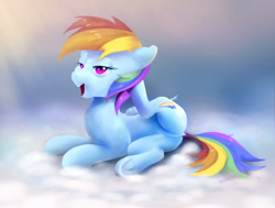 Size: 1530x1157 | Tagged: safe, artist:xbi, derpibooru import, rainbow dash, pegasus, pony, behaving like a cat, cloud, ear scratch, female, itchy, mare, scratching, solo, underhoof