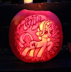 Size: 615x621 | Tagged: safe, artist:albinwonderland, rarity, pony, unicorn, carving, halloween, holiday, jack-o-lantern, pumpkin