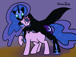 Size: 800x609 | Tagged: safe, artist:omnifob, derpibooru import, nightmare moon, twilight sparkle, pony, 30 minute art challenge, bipedal, blank flank, eyes closed, female, hug, hug from behind, kissing, lesbian, raised hoof, shipping, spread wings, twimoon