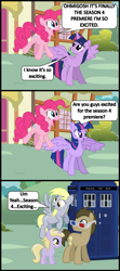 Size: 1047x2350 | Tagged: safe, artist:bronybyexception, derpy hooves, dinky hooves, doctor whooves, pinkie pie, twilight sparkle, twilight sparkle (alicorn), alicorn, pony, season 4, 3d glasses, comic, day of the doctor, doctor who, female, mare, tardis