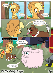 Size: 1200x1650 | Tagged: safe, artist:tikyotheenigma, applejack, winona, oc, oc:fluffle puff, earth pony, pony, comic, comic sans, fluffy, industrial strength pet dryer