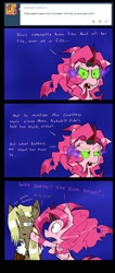 Size: 850x2000 | Tagged: safe, artist:ichibangravity, king sombra, pinkie pie, oc, earth pony, pony, unicorn, ask, ask king sombra pie, dark magic, fangs, possessed, possession, sombra eyes, sombra horn, sombra pie, triste savoir, tumblr