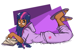 Size: 990x660 | Tagged: safe, artist:slipe, derpibooru import, twilight sparkle, book, boots, breasts, clothes, female, glasses, hoodie, humanized, lollipop, pants, sandals