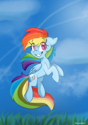 Size: 2456x3484 | Tagged: safe, artist:meowmavi, derpibooru import, rainbow dash, pegasus, pony, cloud, female, floppy ears, flying, grass, heart eyes, mare, sky, smiling, solo, wingding eyes