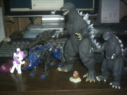 Size: 1024x768 | Tagged: safe, rarity, kaiju, pony, unicorn, command wolf, diglett, godzilla, godzilla (series), godzilla 1954, godzilla final wars, pokémon, toy, zoids