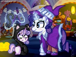 Size: 1024x768 | Tagged: safe, artist:cherrydj, rarity, sweetie belle, cat, pony, unicorn, clothes, costume, kitty belle, kitty suit, nightmare night, witch