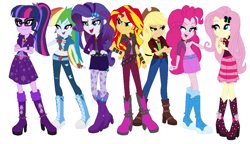 Size: 1090x630 | Tagged: safe, artist:sarahgdo, derpibooru import, applejack, fluttershy, pinkie pie, rainbow dash, rarity, sci-twi, sunset shimmer, twilight sparkle, equestria girls, alternate costumes, humane five, humane seven, humane six