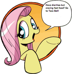 Size: 421x431 | Tagged: safe, idw, fluttershy, pegasus, pony, bad advice fluttershy, blue eyes, dialogue, exploitable meme, female, implied diarrhea, mare, meme, open mouth, pink mane, raised hoof, raised leg, simple background, smiling, solo, speech bubble, taco bell, talking to viewer, underhoof, yellow coat