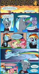 Size: 1150x2200 | Tagged: safe, artist:php69, derpibooru import, fluttershy, pinkie pie, rainbow dash, oc, oc:bright spark, oc:dapper rich, earth pony, pegasus, pony, unicorn, comic:berserk, clothes, comic, hoodie, rainbow trail, so awesome, television