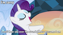 Size: 779x436 | Tagged: safe, edit, edited screencap, screencap, rarity, pony, unicorn, caption, dialogue, female, image macro, solo