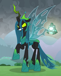 Size: 816x1020 | Tagged: safe, screencap, queen chrysalis, changeling, changeling queen, the ending of the end, annoyed, armor, bewitching bell, cropped, fangs, female, former queen chrysalis, glare, grogar's bell, hoof shoes, insect wings, raised hoof, snarling, solo, ultimate chrysalis, wings