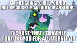 Size: 1920x1080 | Tagged: safe, edit, edited screencap, screencap, queen chrysalis, starlight glimmer, changeling, changeling queen, pony, unicorn, the ending of the end, caption, cocoon, evil, excessive exclamation marks, image macro, implied torture, text, ultimate chrysalis