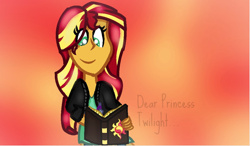 Size: 1024x597 | Tagged: safe, artist:pastel-pony-artist, sunset shimmer, equestria girls, book, clothes, female, solo, two toned hair