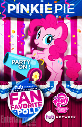 Size: 612x946 | Tagged: safe, pinkie pie, earth pony, pony, party cannon, promo, san diego comic con, solo, the hub