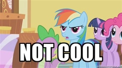 Size: 500x281 | Tagged: safe, derpibooru import, screencap, pinkie pie, rainbow dash, spike, twilight sparkle, dragon, earth pony, pegasus, pony, image macro, meme, reaction image