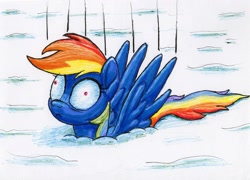 Size: 1699x1223 | Tagged: safe, artist:bbqninja501st, derpibooru import, rainbow dash, pegasus, pony, :<, female, hypothermia, mare, shocked, snow, solo, traditional art, wide eyes