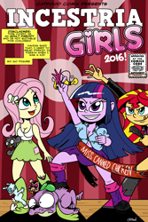 Size: 1280x1920 | Tagged: safe, artist:catfood-mcfly, fluttershy, spike, sunset shimmer, twilight sparkle, dog, equestria girls, big crown thingy, comic cover, incestria girls, jewelry, parody, regalia, spike the dog