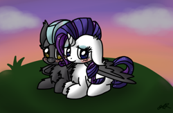 Size: 572x373 | Tagged: safe, artist:kixkat, rarity, thunderlane, pony, unicorn, female, hug, male, rarilane, shipping, straight, winghug