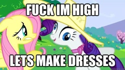 Size: 625x349 | Tagged: safe, fluttershy, rarity, pegasus, pony, unicorn, drugs, fuck i'm high, high, image macro, rarijuana, vulgar