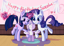 Size: 800x570 | Tagged: safe, artist:reuniclus, derpibooru import, rarity, sweetie belle, twilight sparkle, pony, unicorn, birthday, book, happy, magic, present, siblings, sisters