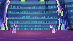 Size: 480x270 | Tagged: safe, edit, screencap, starlight glimmer, twilight sparkle, twilight sparkle (alicorn), alicorn, pony, unicorn, every little thing she does, animated, barrier, blast, book, bookshelf, caption, crystal, cute, deflecting, door, explosion, eyes closed, floppy ears, flying, force field, gif, grin, gritted teeth, ladder, levitation, magic, magic beam, magic blast, paper, self-levitation, shield, shock wave, smiling, spell, squint, table, telekinesis, text, training, twilight's castle library, wince