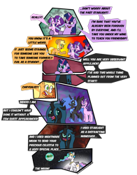 Size: 1747x2233 | Tagged: safe, artist:sneshneeorfa, applejack, nightmare moon, princess celestia, queen chrysalis, starlight glimmer, twilight sparkle, alicorn, changeling, changeling queen, earth pony, pony, the cutie re-mark, bad end, comic, moon, simple background, the bad guy wins, transparent background