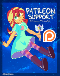 Size: 765x962 | Tagged: safe, artist:minusclass, sunset shimmer, equestria girls, boots, clothes, crossover, cute, disney, dress, looking at you, magic wand, open mouth, patreon, patreon logo, smiling, socks, solo, star butterfly, star butterfly's outfit, star vs the forces of evil, striped socks