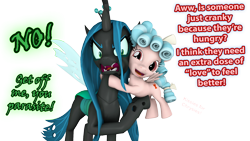 Size: 1920x1080 | Tagged: safe, artist:pika-robo, cozy glow, queen chrysalis, changeling, changeling queen, pegasus, pony, 3d, angry, cozybetes, cute, cutealis, denied, dialogue, duo, duo female, female, filly, flying, foal, friendshipping, green text, hape, hug, hugs for bugs, madorable, mare, no, not shipping, pink text, rejection, simple background, source filmmaker, transparent background