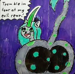 Size: 3072x3028 | Tagged: safe, artist:eternaljonathan, queen chrysalis, changeling, changeling queen, unicorn, butt, gativerso, plot, traditional art, whiteboard