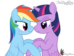 Size: 8000x6095 | Tagged: safe, artist:waveywaves, derpibooru import, rainbow dash, twilight sparkle, twilight sparkle (alicorn), alicorn, pegasus, pony, absurd resolution, bedroom eyes, blushing, duo, female, lesbian, looking at each other, mare, shipping, simple background, smiling, transparent background, twidash, vector