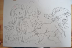 Size: 1280x853 | Tagged: safe, artist:aruurara, fluttershy, rarity, spike, anthro, clothes, monochrome, sketch, sweater, sweatershy, traditional art