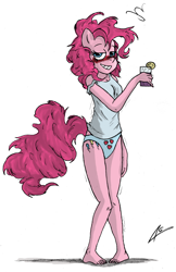 Size: 2100x3236 | Tagged: safe, artist:legaffeur, pinkie pie, anthro, clothes, drunk, drunkie pie, panties, solo, underwear