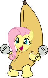 Size: 600x978 | Tagged: artist needed, safe, fluttershy, banana, cosplay, family guy, hand, peanut butter jelly time, rattle, solo