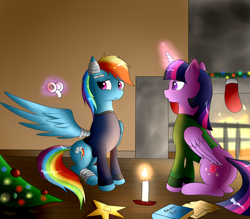 Size: 1920x1680 | Tagged: safe, artist:ollofkyser, derpibooru import, rainbow dash, twilight sparkle, twilight sparkle (alicorn), alicorn, pegasus, pony, candle, christmas, clothes, fireplace, holiday, hurt/comfort