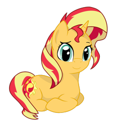 Size: 1064x1056 | Tagged: safe, artist:zharkaer, sunset shimmer, pony, unicorn, looking at you, prone, raised eyebrow, simple background, solo, transparent background