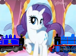 Size: 478x351 | Tagged: safe, artist:thebluev3, rarity, pony, unicorn, 1000 hours in ms paint, carousel boutique, father ted, ms paint, my lovely horse, pose, solo, thomas the tank engine, train, wat, wtf