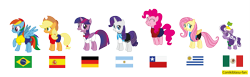 Size: 5707x1761 | Tagged: safe, artist:conikiblasu-fan, derpibooru import, applejack, fluttershy, pinkie pie, rainbow dash, rarity, screwball, twilight sparkle, twilight sparkle (alicorn), alicorn, earth pony, pegasus, pony, unicorn, argentina, argentina is white, brazil, chile, country, female, flag, football, germany, mane six, mare, mexico, spain, uruguay, world cup