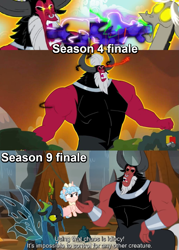 Size: 1021x1425 | Tagged: safe, edit, edited screencap, screencap, cozy glow, discord, lord tirek, queen chrysalis, changeling, changeling queen, pegasus, pony, the ending of the end, twilight's kingdom, plothole